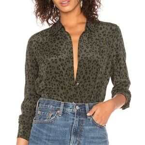 Rails Kate Silk Button Down Blouse in Olive Cheetah Size XS